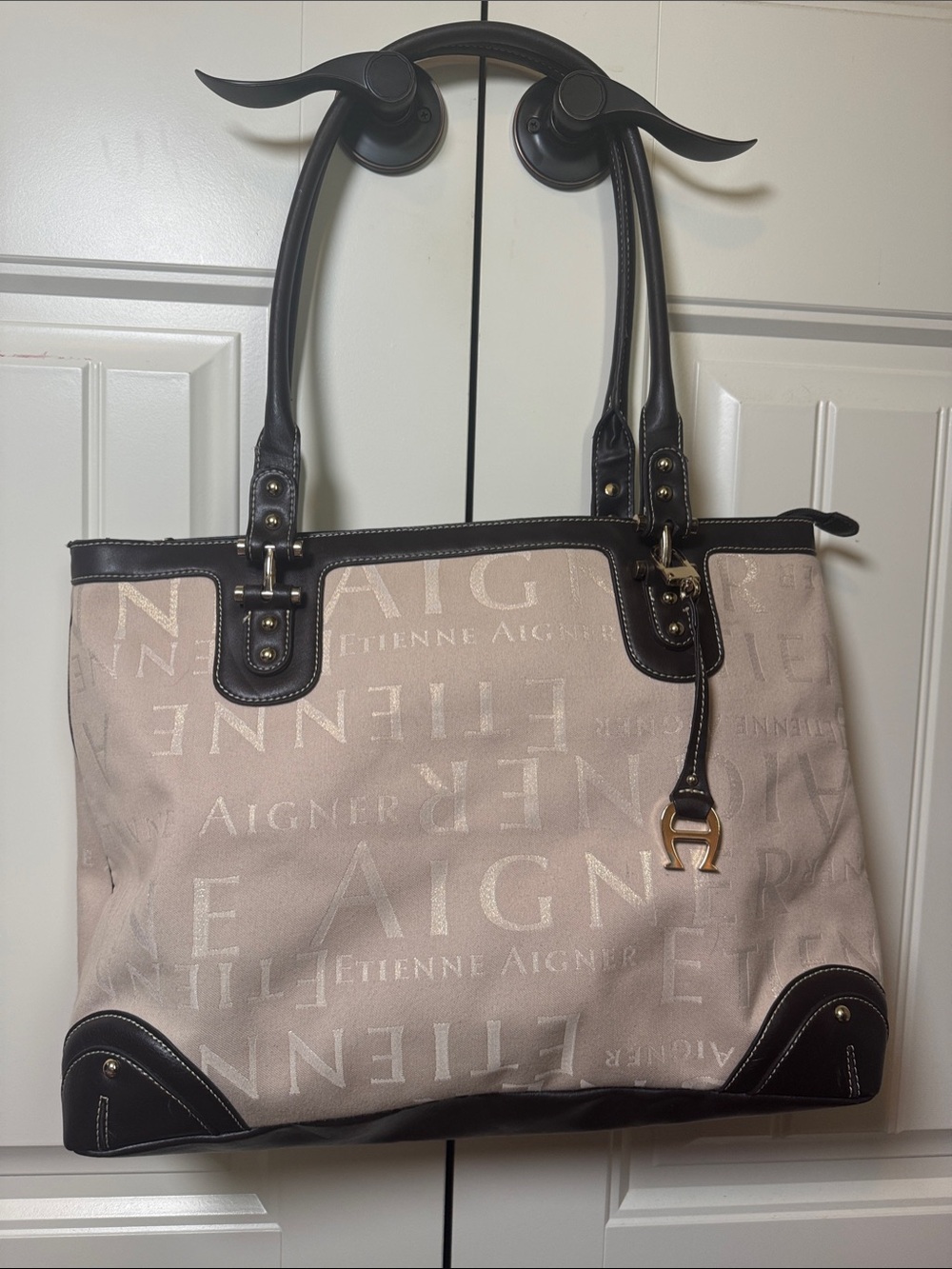 Etienne Aigner Beige Canvas Tote bag purse with Dark Brown leather Trim/gold - Picture 2 of 11